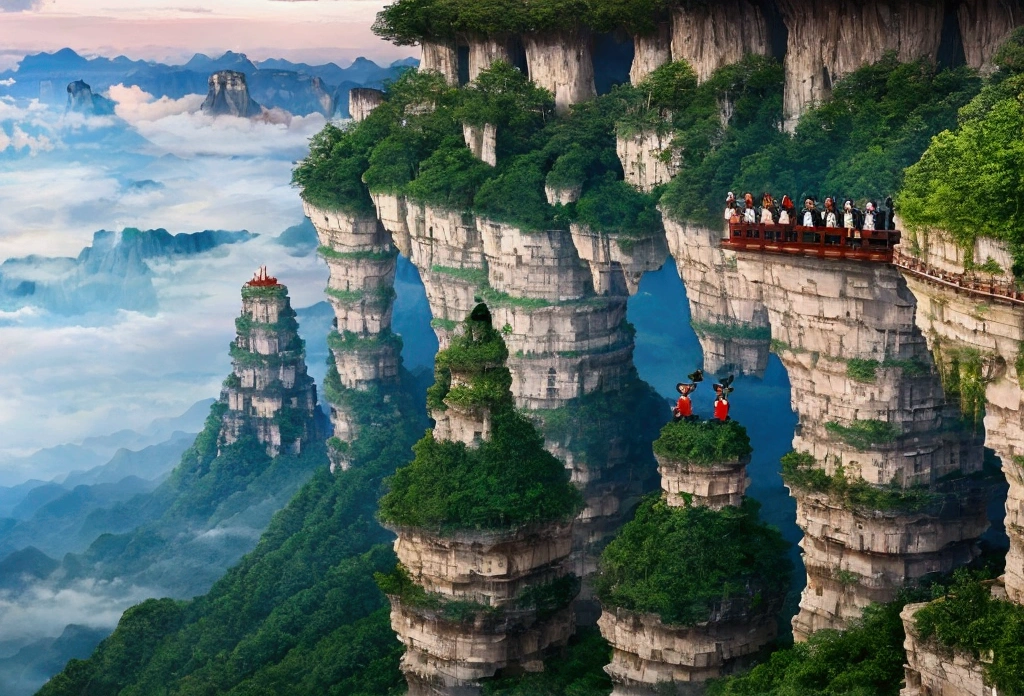Zhangjiajie national forest park, tianmen mountain, zhangjiajie grand canyon, anime girls visit the chinese national park, they are excited and happy standing on a ancient well kept wall, in the background is tianmen mountain and zhangjiajie grand canyon
