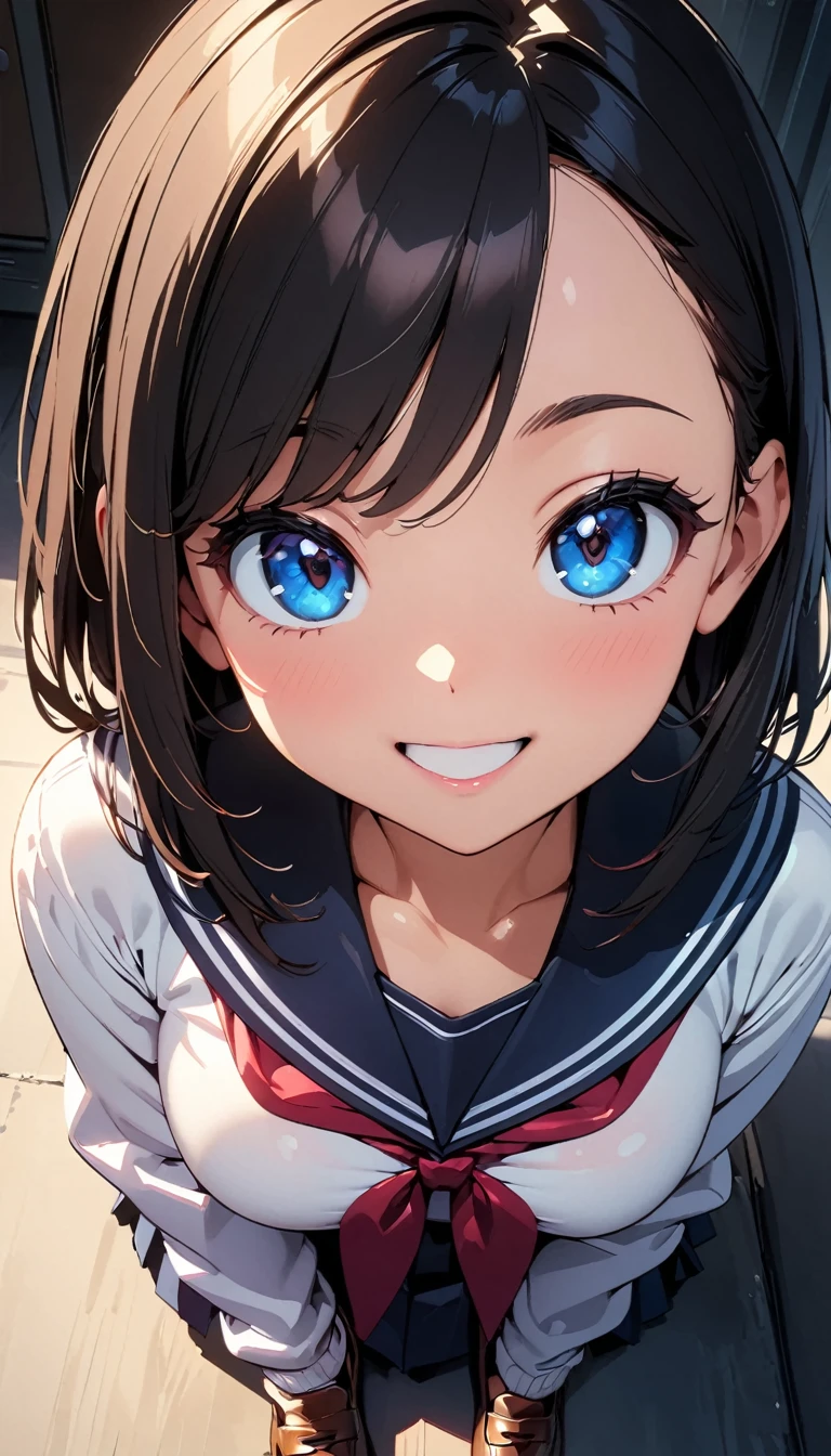 (Highest quality:1.24K, 8k, Studio Anime, Very detailed, Latest, Vibrant, High detail, High Contrast, masterpiece:1.2, Highest quality, Best aesthetics), (((1 Girl))), Sit and pose, JK, Sailor suit, Pleated skirt, loose socks, loafers, Please open your mouth a little:1.2, smile, Dynamic Angle, look up:1.3, Friendly atmosphere, Beautiful Hair, Shiny Hair, Beautiful Skin, Detailed face and eyes, Glossy Lips, Curvy Women, Striking contrast,
