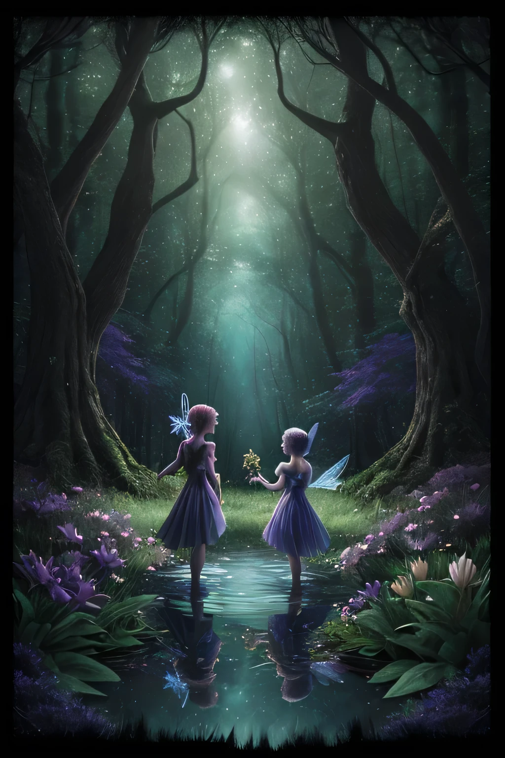 2 fairies in a dark forest facing a dark wizard. Fairy planet, trees and flowers, water, 