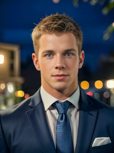 Realistic portrait of a young man, (suit and tie), blue eyes, outdoors, hanging lights, night time, depth of field (good composition), (in frame), centered, 8k, 4k, detailed, attractive, beautiful, impressive, photorealistic, realistic, cinematic composition, volumetric lighting, high-resolution, vivid, detailed, stunning, professional, lifelike, crisp, flawless, DSLR, 4k, 8k, 16k, 1024, 2048, 4096, detailed, sharp, best quality, high quality, highres, absurdres