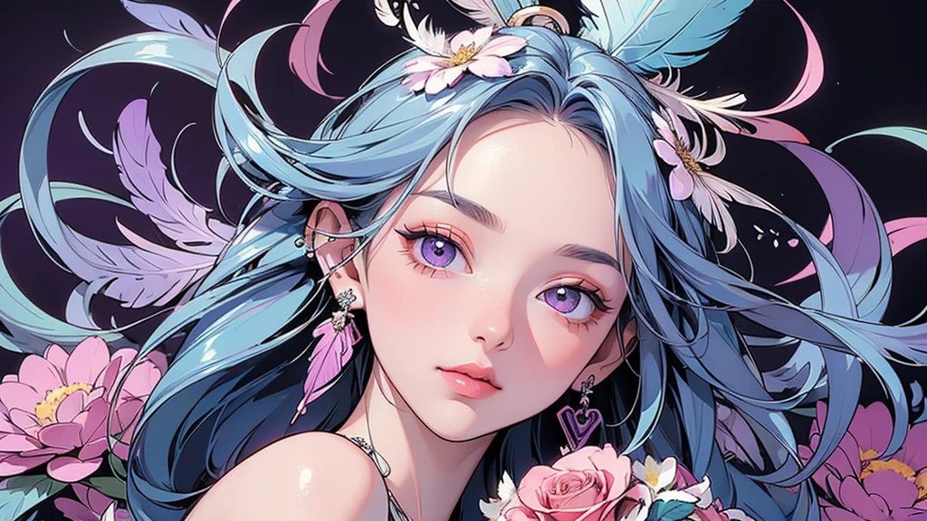(ultra-Detailed Background, Detailed Background), Absurd, High resolution, Super detailed, Very detailedな, One girl, (bouquet:1.3), (Tangled:1.2), (Geometric:1.2),(colorful),(masterpiece, quality, best quality, Official Art, Beautiful and beautiful:1.2), (1 girl:1.3), Very detailed,(colorful:1.1)(Flowers:1.3),Most detailed,(Tangled:1.2), whole body, (Abstract background:1.3), (Skin glows), (Many colors:1.4), ,(Earrings Feather:1.5), Pale Purple Background,