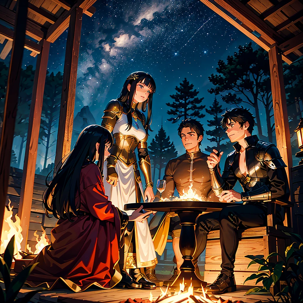 A night scene around a campfire at a campsite. A 43 year old man, with black hair and deep brown eyes, is sitting next to a 16 year old girl. He wears intricate armor with glowing runes, result of many battles and adventures. The young woman has long black hair that falls in soft waves and deep blue eyes that reflect the light of the flames.. She wears light armor, stylized with magical elements, representing your heritage and training. The fire crackles between them, casting dancing shadows around. The trees in the background are tall and dense, creating a magical forest setting under a starry sky. The young woman's expression is one of fascination and admiration as she listens to the man's stories., both engaged in an intimate and meaningful conversation.