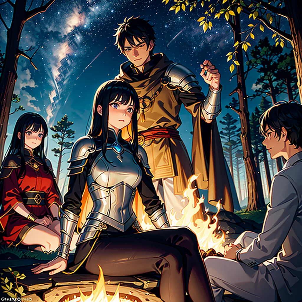 A night scene around a campfire at a campsite. A 43 year old man, with black hair and deep brown eyes, is sitting next to a  girl. He wears intricate armor with glowing runes, result of many battles and adventures. The young woman has long black hair that falls in soft waves and deep blue eyes that reflect the light of the flames.. She wears light armor, stylized with magical elements, representing your heritage and training. The fire crackles between them, casting dancing shadows around. The trees in the background are tall and dense, creating a magical forest setting under a starry sky. The young woman&#39;s expression is one of fascination and admiration as she listens to the man&#39;s stories., both engaged in an intimate and meaningful conversation.