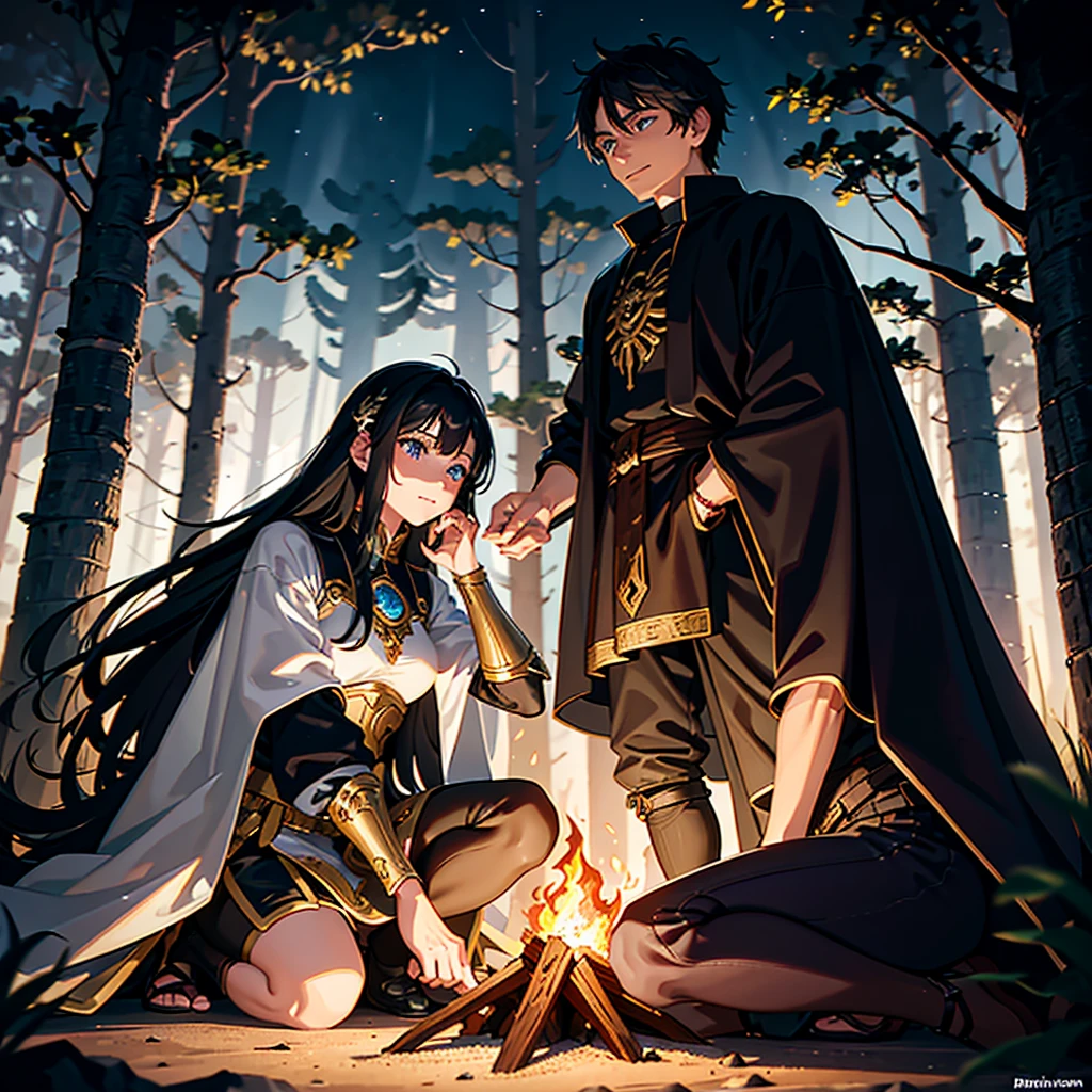 A night scene around a campfire at a campsite. A 43 year old man, with black hair and deep brown eyes, is sitting next to a 16 year old girl. He wears intricate armor with glowing runes, result of many battles and adventures. The young woman has long black hair that falls in soft waves and deep blue eyes that reflect the light of the flames.. She wears light armor, stylized with magical elements, representing your heritage and training. The fire crackles between them, casting dancing shadows around. The trees in the background are tall and dense, creating a magical forest setting under a starry sky. The young woman's expression is one of fascination and admiration as she listens to the man's stories., both engaged in an intimate and meaningful conversation.