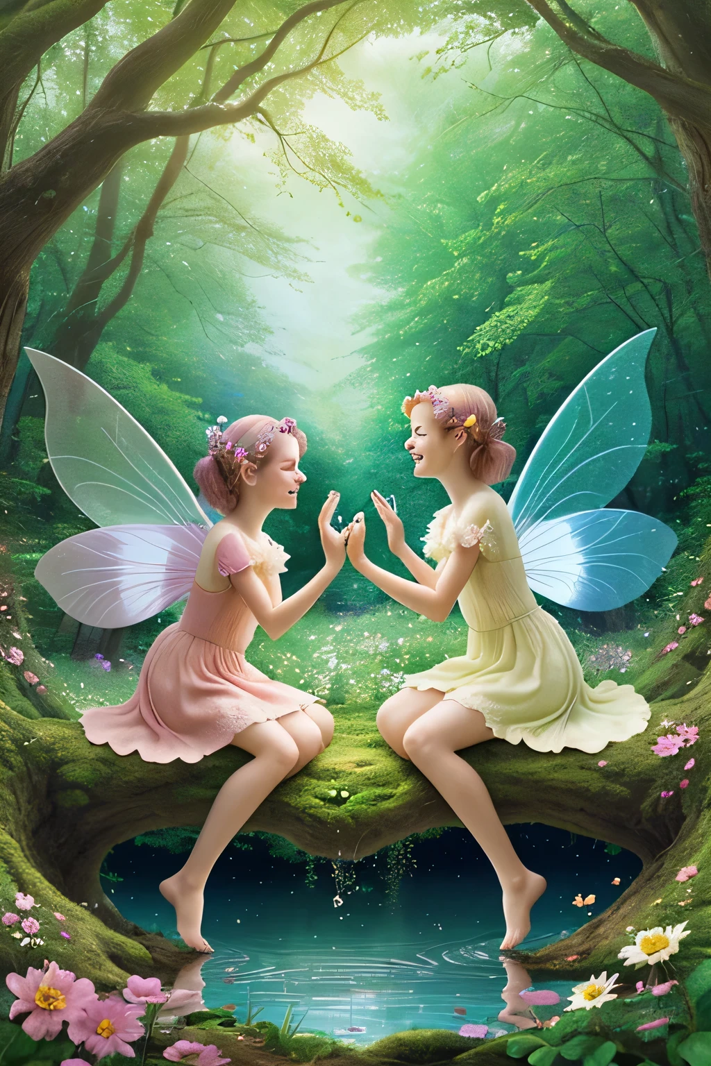 2 fairies celebrating in a bright, happy forest Fairy planet, trees and flowers, water,