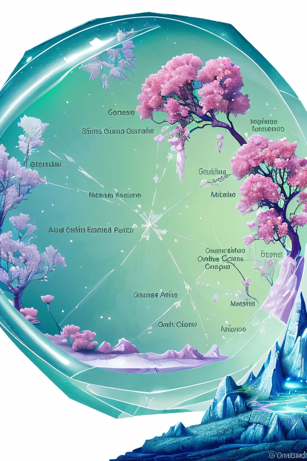 The crystal glows and shows a map. Fairy planet, trees and flowers, water,