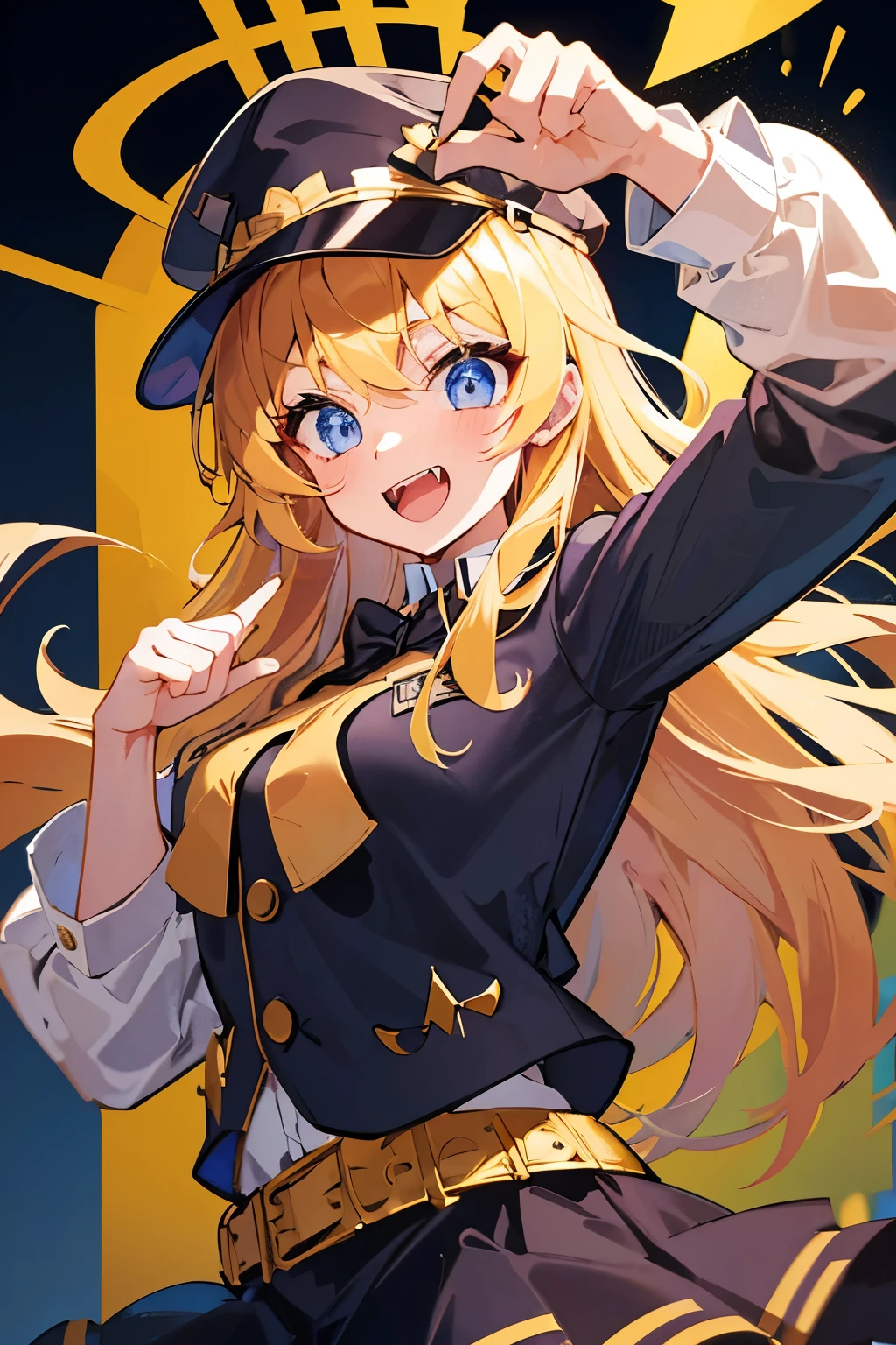 Golden hair detective girl with cute gaze and fangs, wearing a detective hat and cute detective top and skirt in brown and black color cheme, navy blue eyes