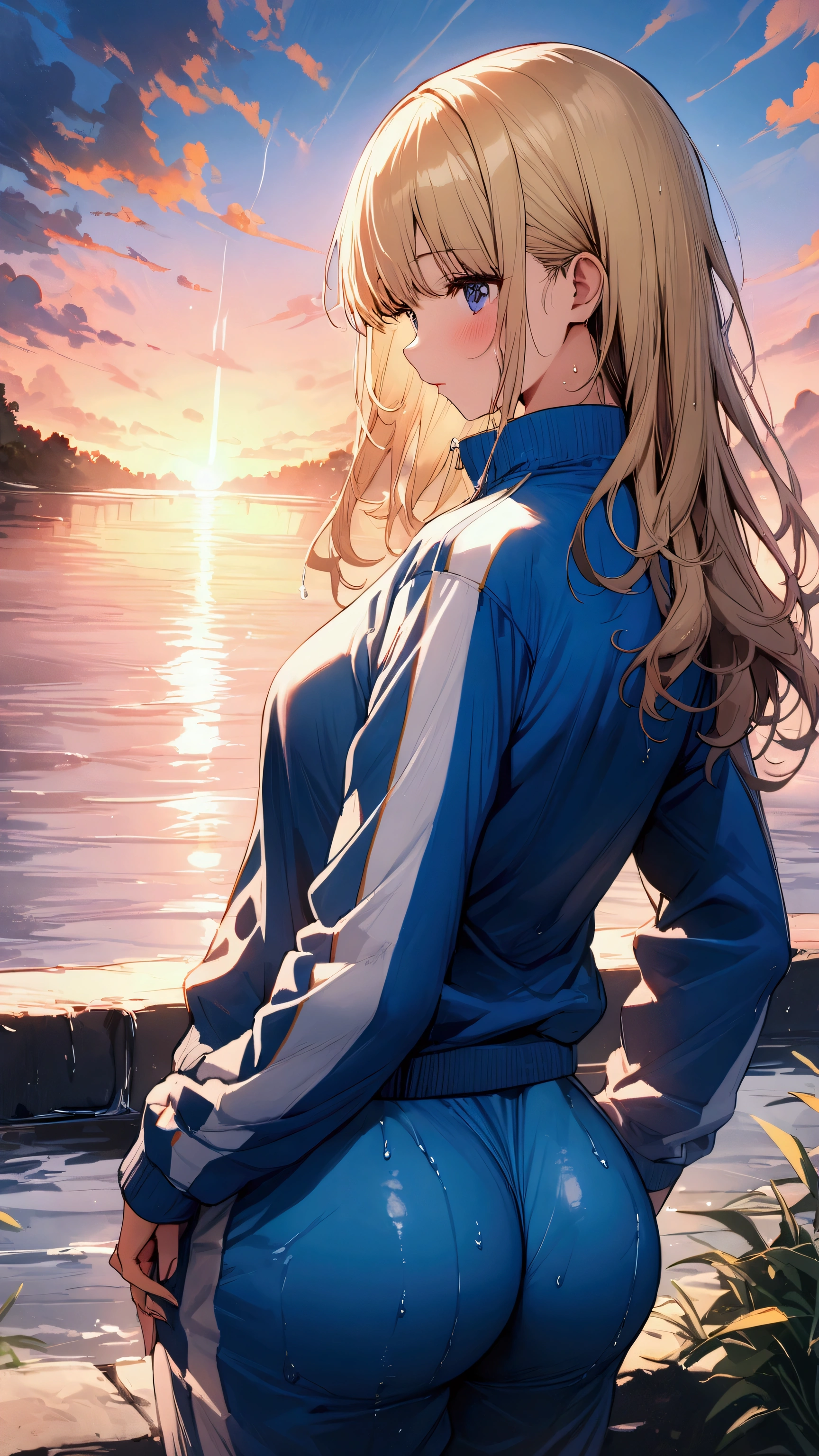 masterpiece, Highest quality, Ultra-high resolution, (beautiful girl: 1.3), Brown Hair, Straight hair、Looks like a 、 (Blue sweatpants: 1.2), (The jacket is a blue track jacket.: 1.2), back view、A waterway with a dazzling sunset、A little wet、Focus on the big, beautifully shaped butt,baggy clothes,blonde hair , (tanned skin:1.2),