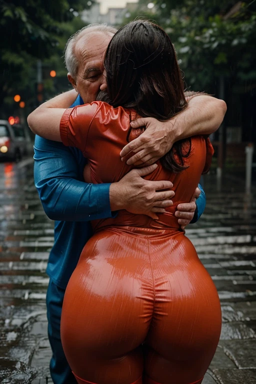 a plump woman dressed as a superhero, gets caught in the rain and is hugged by an old man from behind