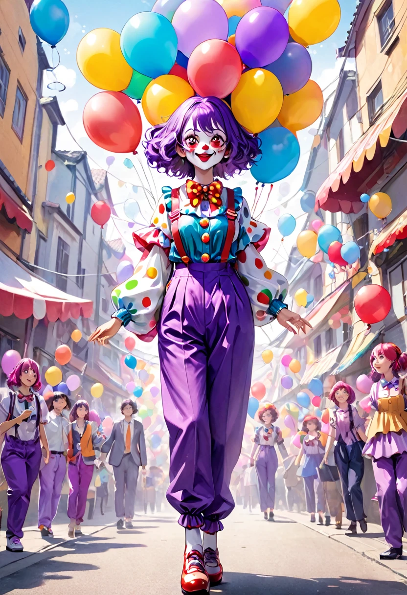 Full body portrait、Young and very beautiful woman、Clown costume、Purple pants style、Walking、Hands straight down、front、The background is full of balloons、KAWAII,