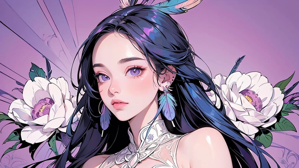 (ultra-Detailed Background, Detailed Background), Absurd, High resolution, Super detailed, Very detailedな, One girl, (bouquet:1.3), (Tangled:1.2), (Geometric:1.2),(colorful),(masterpiece, quality, best quality, Official Art, Beautiful and beautiful:1.2), (1 girl:1.3), Very detailed,(colorful:1.1)(Flowers:1.3),Most detailed,(Tangled:1.2), whole body, (Abstract background:1.3), (Skin glows), (Many colors:1.4), ,(Earrings Feather:1.5), Pale Purple Background,