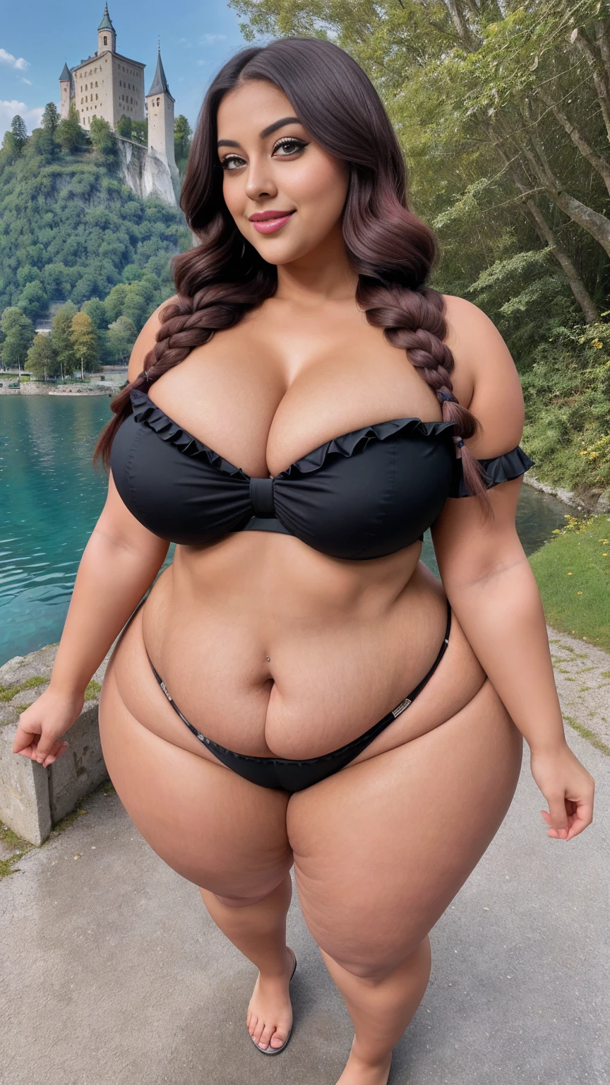 gorgeous curvy plus size Indian bengali actress ritavori , glowing eyes, wearing Young Girl 3pcs Fish Scales Print Ruffle Trim Mermaid Tail Bikini Set , covered Bust, parted lips, blushing cheeks, thick thighs, bigger waist, busty, curvy plus size body, full body, full body shot, head to toe view, smoothning burgendy color hair with pfrench braid hairstyle, hourglass body, curvy plus size body, smile face, bigger waist, busty, big hips, fleshy thighs, thick thighs, busty, full body view, Lake Bled, Slovenia: Picturesque lake with a church on an island and a medieval castle overlooking it.