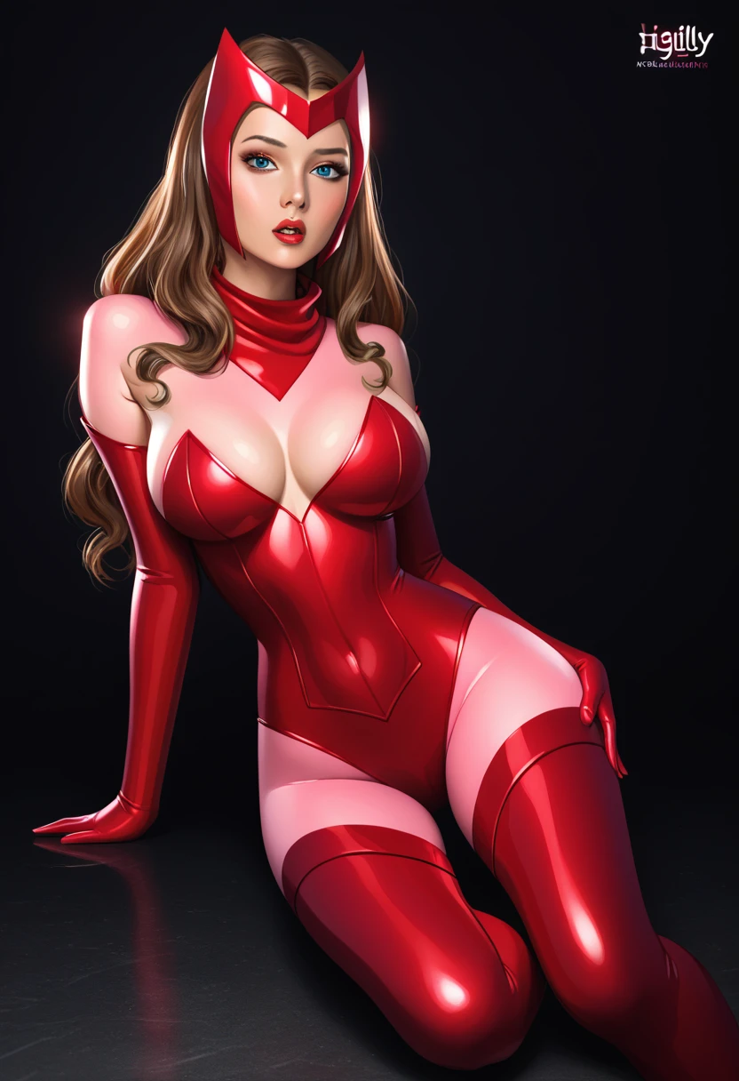 score_9_up, score_8_up, score_7_up, 1girl, solo, mature female, Scarlet Witch, brown hair, blue eyes, mascara, red lips, parted lips, fit slim body, perfect medium erected breast, (((red tight bodysuit, black mesh stockings, long red boots on high heels, red diadem on forehead))), (((higly detailed modern luxury bedroom))), looking at the viewer,

