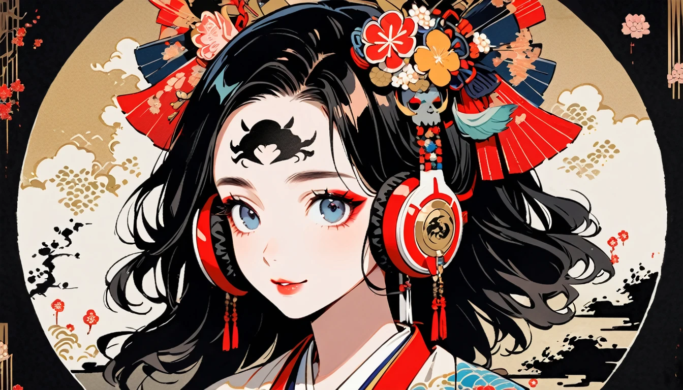 (((Ink Painting))), Fashion portrait color photos, (((1 female))), (((Tattoo in the center of the forehead))), (((Very flashy hair accessories))), (((Very flashy makeup))), Japanese style headphones, devil, face close-up, front view, Japan人の美少女, Black Hair, Delicate and precise, Modern ukiyo-e style,Japan, Droopy eyes, round face, smile, Fuller lips