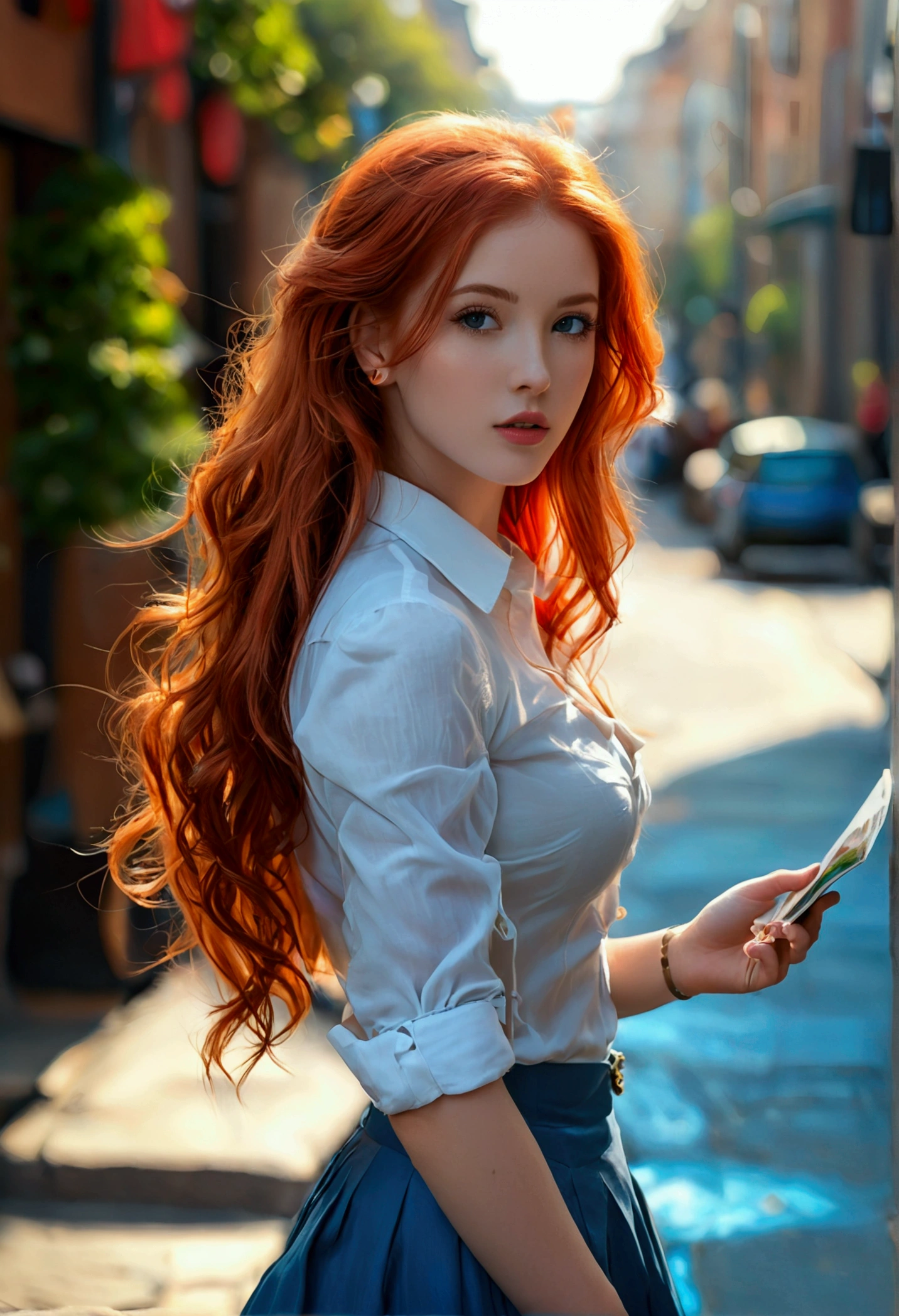 ultra realistic, photography, long red hair, girl, 24 years old, hourglass figure, perfect body, Flirty look, medium natural breasts, extremely detailed artgerm, in the style artgerm, facing the camera, lens 35 mm, blur background, tour guide, white shirt, blue skirt, brochures in her hand, standing on the sidewalk