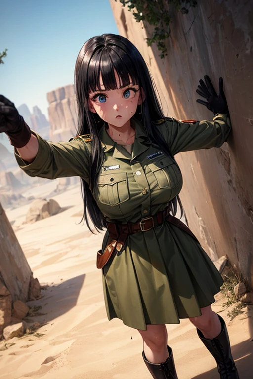 masterpiece, Highest quality,  Unreal Engine,  Super Resolution,  Very detailed, 

Beautiful woman, May, alone, uniform, Black Hair, boots, gloves, army, army uniform, Long Hair, iris, belt, coat, Black background, Simple Background, whole body, blunt bangs, bangs, Long Black Hair, Vivid expression, Healthy Body, Beautifully detailed sweat glands, Smooth skin texture, Carefully drawn,

(humidity:1.2), Beautiful Eyes, (Attractive face:1.2), (Beautiful Skin), (Big Breasts), Puffy nipples, (Sticky with sweat), In a dynamic pose,

In the world of Dragon Ball, Outdoor, In the desert wilderness