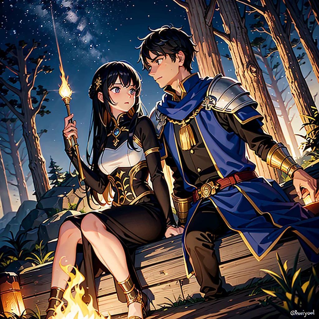 A night scene around a campfire at a campsite. A 43 year old man, with black hair and deep brown eyes, is sitting next to a 16 year old girl. He wears intricate armor with glowing runes, result of many battles and adventures. The young woman has long black hair that falls in soft waves and deep blue eyes that reflect the light of the flames.. She wears light armor, stylized with magical elements, representing your heritage and training. The fire crackles between them, casting dancing shadows around. The trees in the background are tall and dense, creating a magical forest setting under a starry sky. The young woman&#39;s expression is one of fascination and admiration as she listens to the man&#39;s stories., both engaged in an intimate and meaningful conversation.