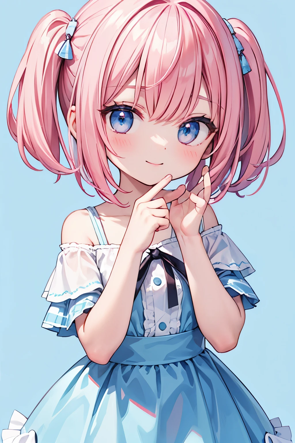 Highest quality,smile,woman,cute,Bob Hair,Pink Hair,Light blue eyes,White off-the-shoulder tops,Checkered mini skirt,Light blue background,Touching your face with your hands,