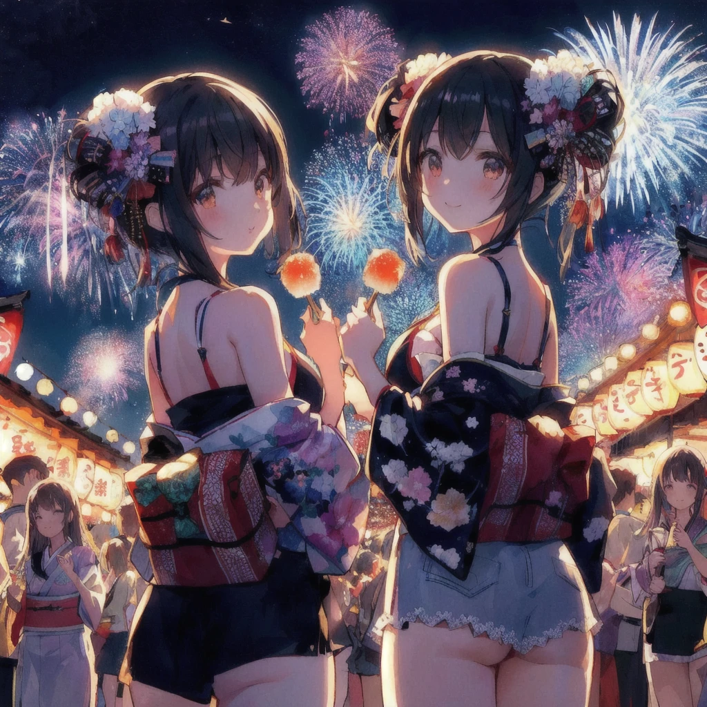 anime girls in kimono garbs standing in front of fireworks, smile,Summer Festival Night, Anime Style 4k, firework, Japanese art style, Best anime 4k konachan wallpaper, 80s anime style,Nightcore, Gwaiz, Trending on cgstation, Profile photo 1024px, Happy!!!, artwork in the style of Gwaiz, fireworks