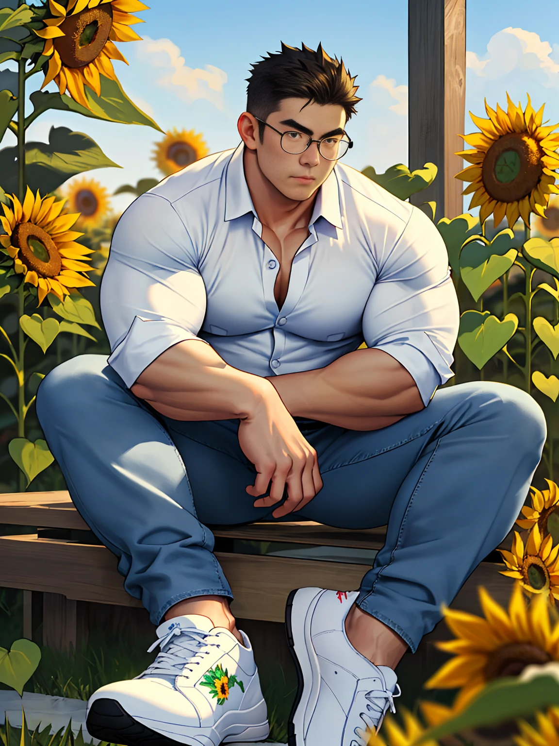 20 years old, round face, big eyes, Chinese male, white inch, huge muscles, exaggerated muscles, mature man, muscle swelling, bodybuilding, chest muscles, abs, lots of sunflowers, sitting position, wearing white shirt, open shirt, jeans, sneakers, natural light, wheat-colored skin, 1man, metal glasses