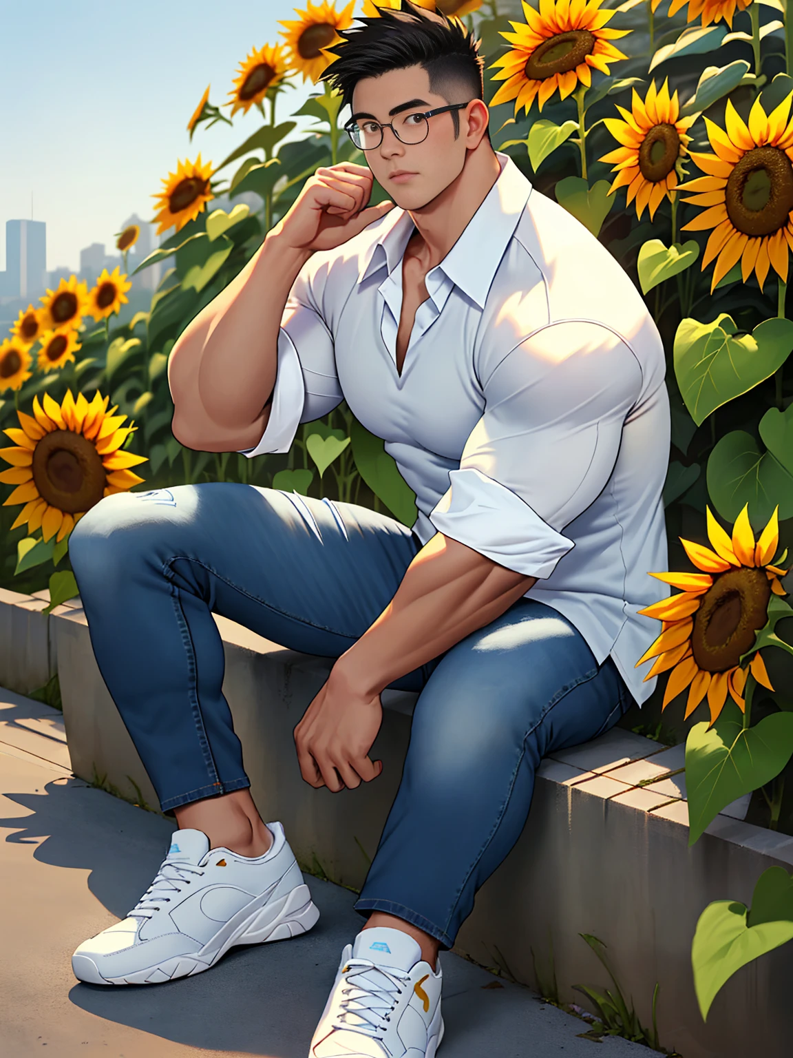 20 years old, round face, big eyes, Chinese male, white inch, huge muscles, exaggerated muscles, mature man, muscle swelling, bodybuilding, chest muscles, abs, lots of sunflowers, sitting position, wearing white shirt, open shirt, jeans, sneakers, natural light, wheat-colored skin, 1man, metal glasses