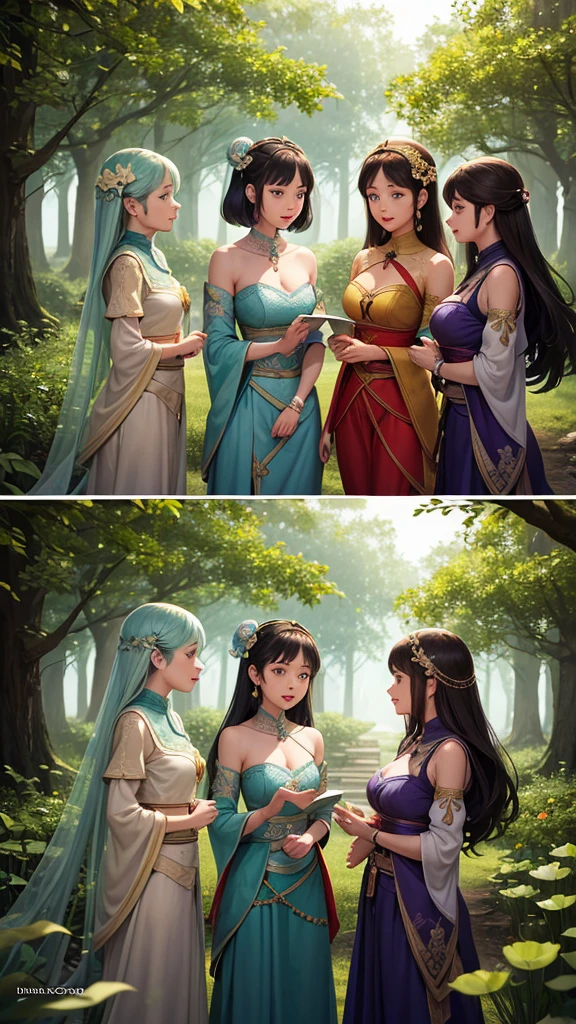 The four lotus sisters gazing at each other with a sense of adventure, making a decision to venture into the enchanted forest for exploration and discovery.