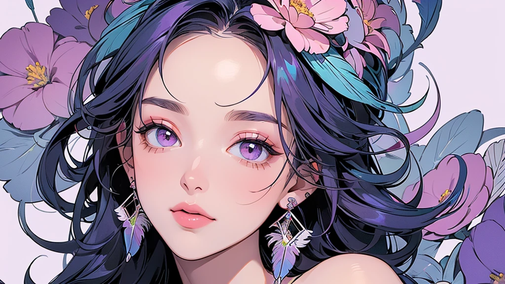 (ultra-Detailed Background, Detailed Background), Absurd, High resolution, Super detailed, Very detailedな, One girl, (bouquet:1.3), (Tangled:1.2), (Geometric:1.2),(colorful),(masterpiece, quality, best quality, Official Art, Beautiful and beautiful:1.2), (1 girl:1.3), Very detailed,(colorful:1.1)(Flowers:1.3),Most detailed,(Tangled:1.2), whole body, (Abstract background:1.3), (Skin glows), (Many colors:1.4), ,(Earrings Feather:1.5), Pale Purple Background,