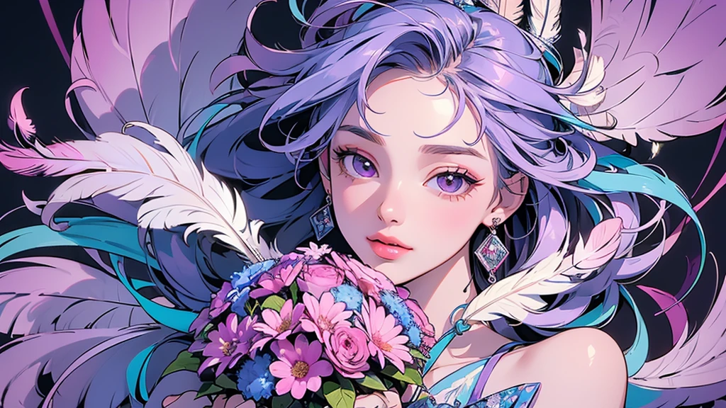 (ultra-Detailed Background, Detailed Background), Absurd, High resolution, Super detailed, Very detailedな, One girl, (bouquet:1.3), (Tangled:1.2), (Geometric:1.2),(colorful),(masterpiece, quality, best quality, Official Art, Beautiful and beautiful:1.2), (1 girl:1.3), Very detailed,(colorful:1.1)(Flowers:1.3),Most detailed,(Tangled:1.2), whole body, (Abstract background:1.3), (Skin glows), (Many colors:1.4), ,(Earrings Feather:1.5), Pale Purple Background,