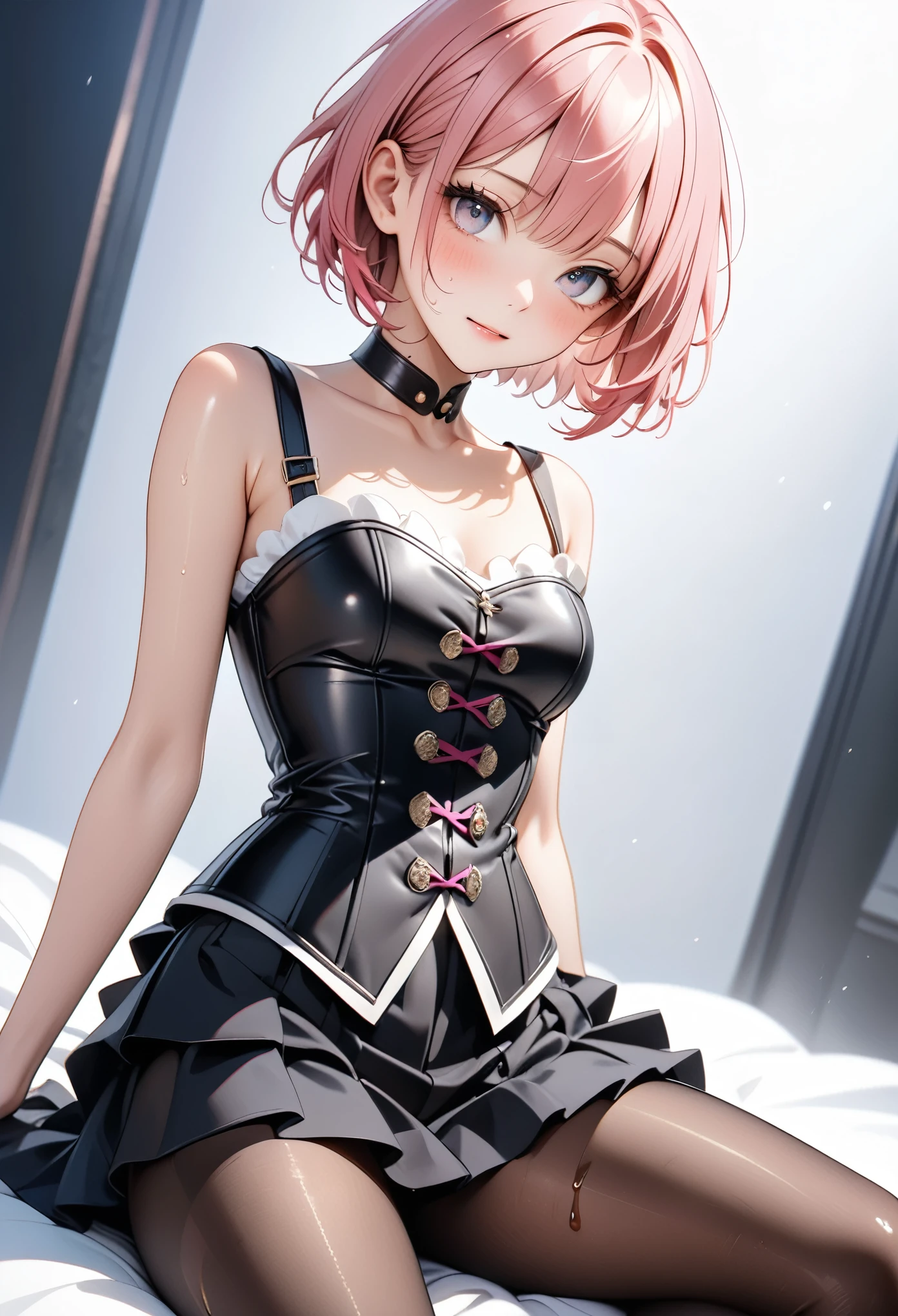 ((Fashion Model), (skirt), (pantyhose), corset costume)), skinny, solo, 1 woman, Masterpiece, highest quality, highest quality, 16K, incredibly absurd, highly detailed, 2.5D, ai-generated, delicate and dynamic, very delicate facial expressions, delicate eye depiction, erotic, only sexy woman, ((A cute and kind face)), healthy figure, ((25-year-old woman)), 160cm tall, medium firm swaying bust,, (short hair), (pink hair:1.5), bob cut, black eye, blush, Sweat,Embarrassed,sexy, ((thin thighs)), (Erect nipples,:0.5), shiny and lustrous, facing straight at viewer, (in heat), ((Oily_skin)), ((dutch angle)), ((erotic pose)), Fashion Model poses, Fashion Model style, (Close-up),