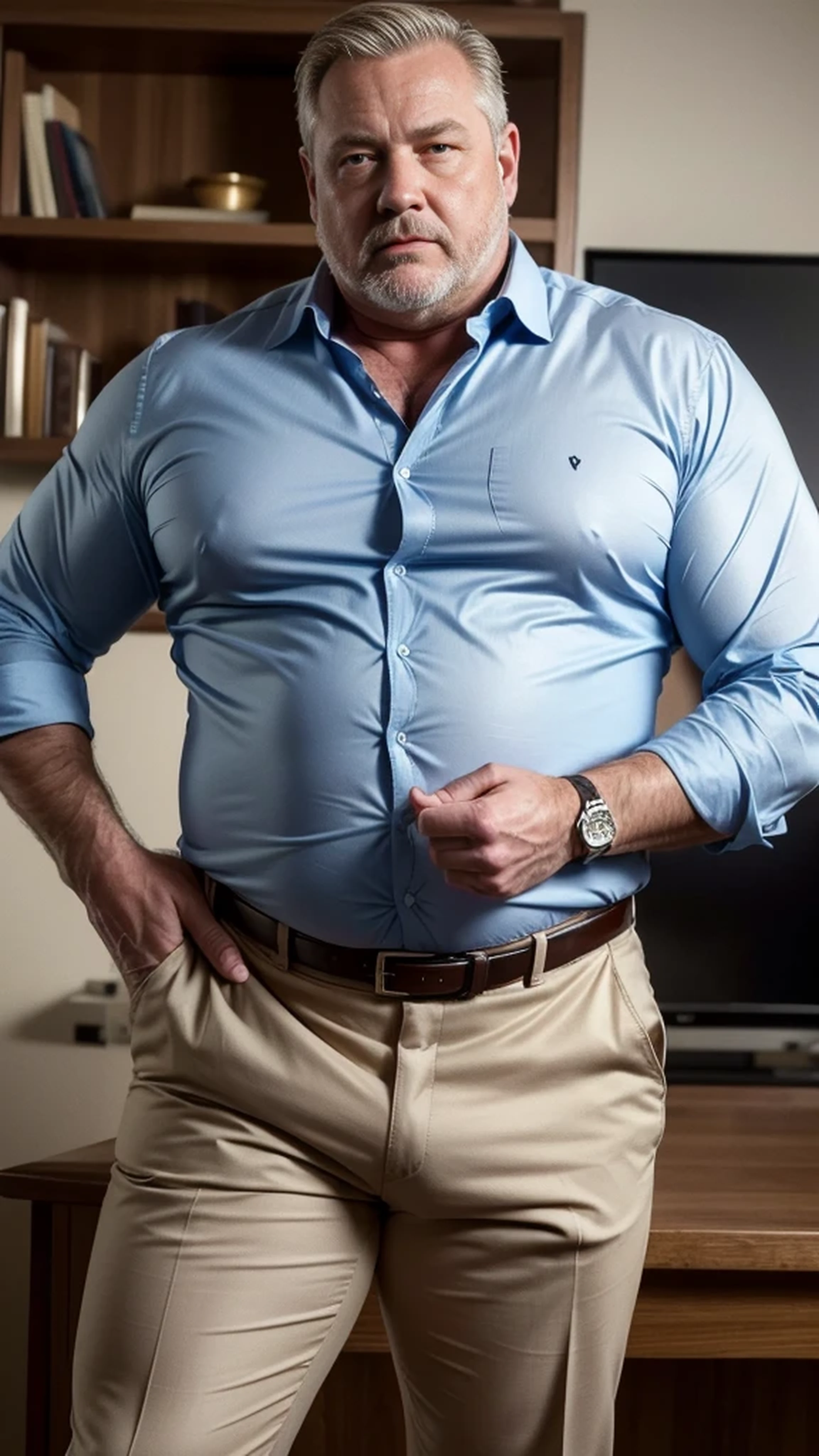 (best quality,4k,8k,highres,masterpiece:1.2), age 60, white man detective , horny disgusting, muscular chubby, kind, open blue shirt , mature daddy, Dress Pants with big hard bulge, hairy chest hard nipple, belt, loafer,