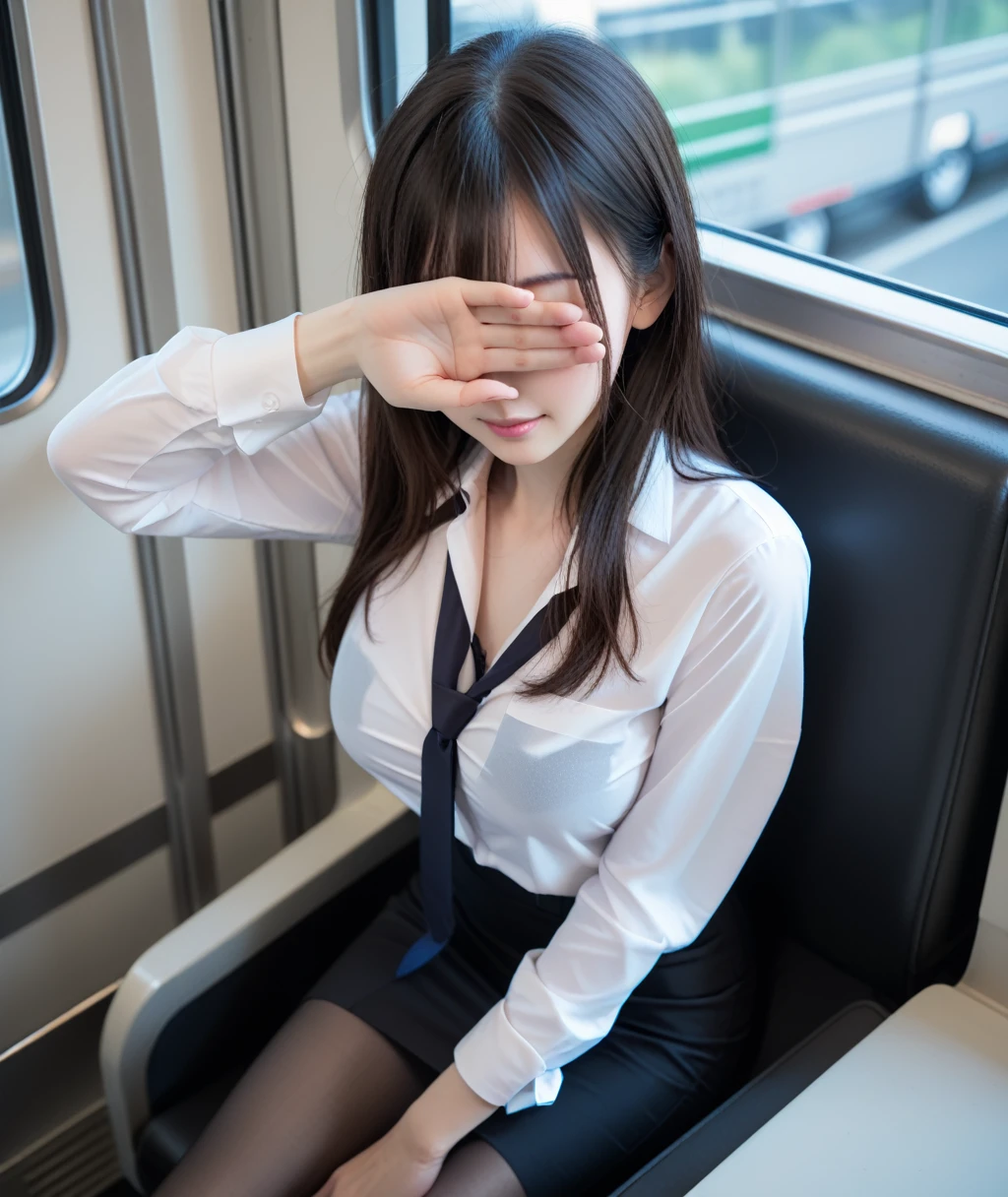 score_9, score_8_up, score_7_up, uncensored, realistic, in train, tokyo, at night, from above,
1girl, cute, japanese, black hair, long hair, bangs, covering eyes, closed mouth, huge breasts, 
(business suit:1.2), office_uniform, (black suit:1.3), white shirt, pencilskirt, pantyhose, opened shirt, black bra peek,
sitting on train long seat,  