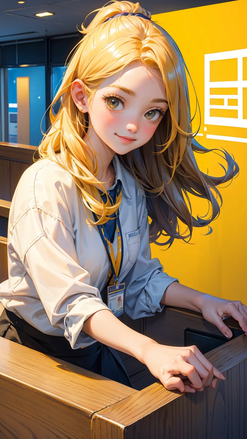 a cute girl with mile with open happy face, in City hall at reception desk, receptionist hold her card with her image, city hall text on wall, yellow color city hall background,