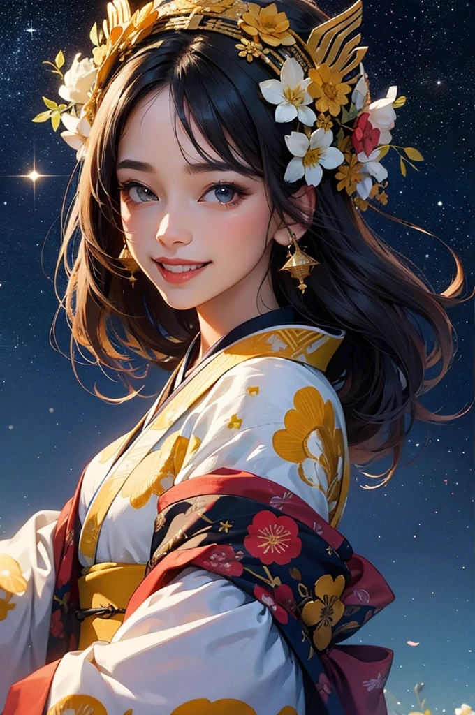 A beautiful woman wearing a gorgeously patterned kimono greets people with a smile under the starry sky