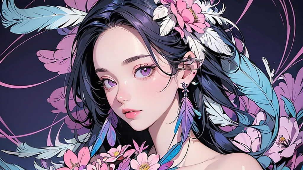 (ultra-Detailed Background, Detailed Background), Absurd, High resolution, Super detailed, Very detailedな, One girl, (bouquet:1.3), (Tangled:1.2), (Geometric:1.2),(colorful),(masterpiece, quality, best quality, Official Art, Beautiful and beautiful:1.2), (1 girl:1.3), Very detailed,(colorful:1.1)(Flowers:1.3),Most detailed,(Tangled:1.2), whole body, (Abstract background:1.3), (Skin glows), (Many colors:1.4), ,(Earrings Feather:1.5), Pale Purple Background,