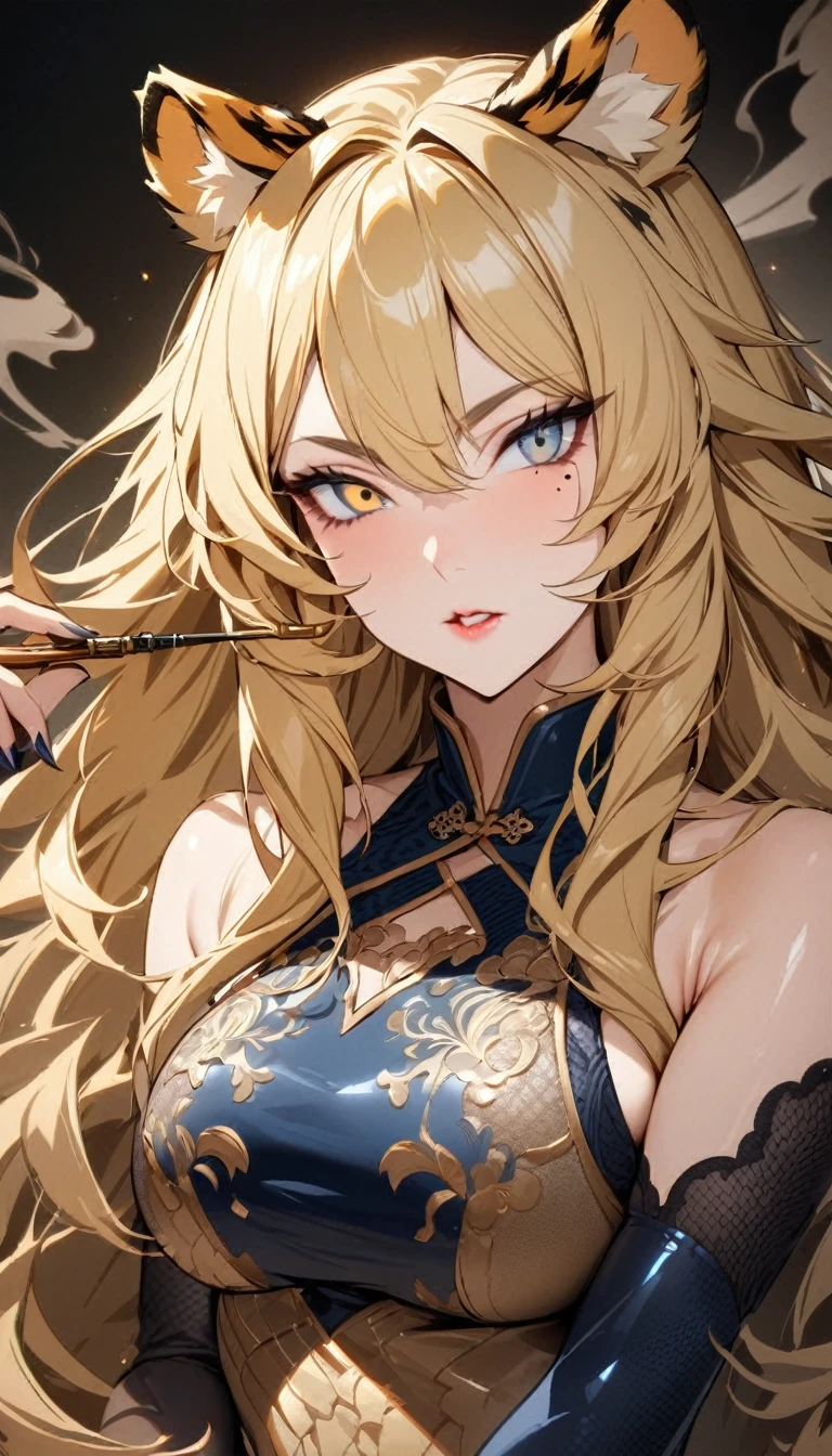 1 girl, (((best quality)), ((masterpiece)), (details), masterpiece, best quality, high quality, super detailed, perfect face, ((1 girl, blonde, tiger ears: 1.3 long blonde hair: 2.5, mole under left eye: 2.0)), shiny hair, shiny skin, lustful expression, (shiny sheen: 1.2), (light blue metallic latex: 1.4), (cheongsam: 1.4), cleavage, side boob, (dark blue embroidery: 1.3), (detailed lace: 1.1), stiletto heels, tobacco pipe, smoke effect