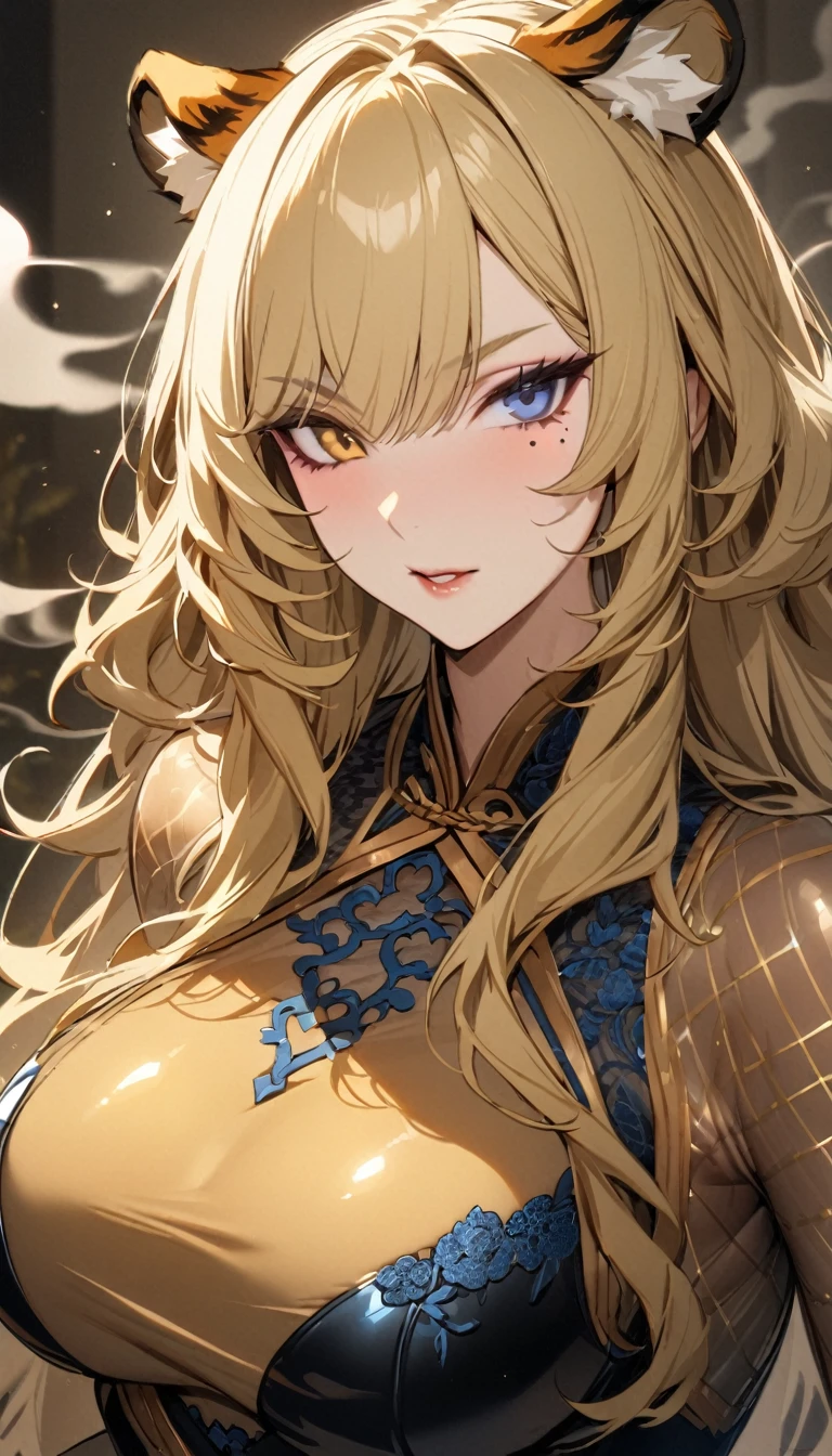 1 girl, (((best quality)), ((masterpiece)), (details), masterpiece, best quality, high quality, super detailed, perfect face, ((1 girl, blonde, tiger ears: 1.3 long blonde hair: 2.5, mole under left eye: 2.0)), shiny hair, shiny skin, lustful expression, (shiny sheen: 1.2), (light blue metallic latex: 1.4), (cheongsam: 1.4), cleavage, side boob, (dark blue embroidery: 1.3), (detailed lace: 1.1), stiletto heels, tobacco pipe, smoke effect