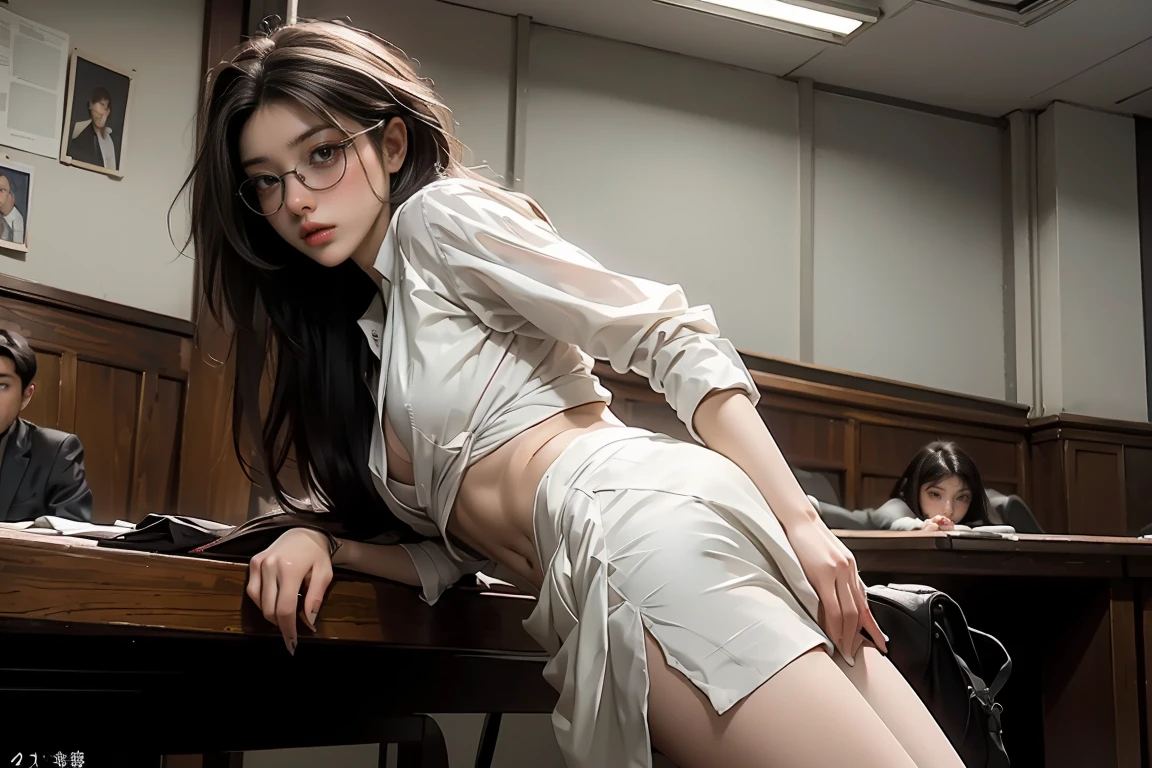 ((Masterpiece, top quality, high resolution, highly detailed CG unified 8K wallpaper, photorealistic, Raw photo, 8K)), (Female lawyer, persuading jurors in court:1.3), (wearing black suit, white shirt and tight black skirt, black tights:1.2), silver-rimmed glasses and thin watch, small gold badge on left breast of suit,Place one hand on the desk and one hand on the hip, view from behind, View from below, facing away,