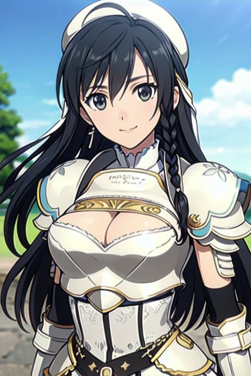 Sonia Blanche, cross earrings, hair ornament, veil, armored dress, pauldrons, breastplate, gauntlets, belt, skirt, greaves, (white beret), 1girl, solo, upper body, big breasts, facing viewer, looking at viewer, smile, hands on hips, (simple white background)