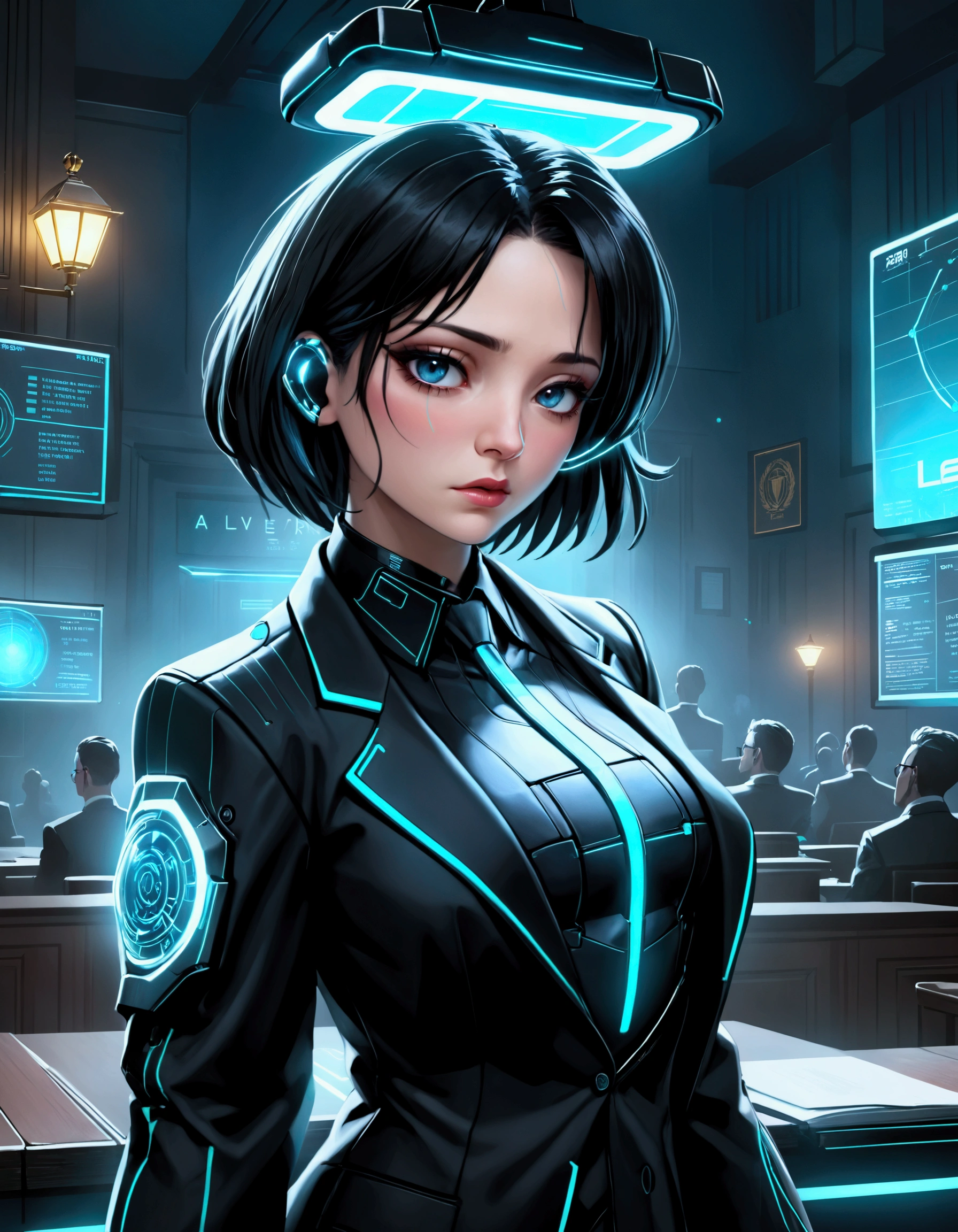(cyberpunk, courthouse)A virtual lawyer (female, tron style lawyer outfit, health bar over head) is addressing a virtual jury. Health bar titled 'lawyer' over her head, show all of her
