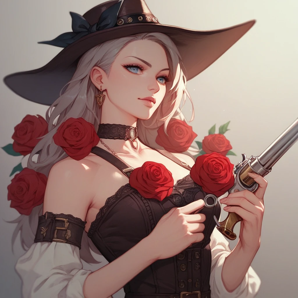 a revolver with red roses