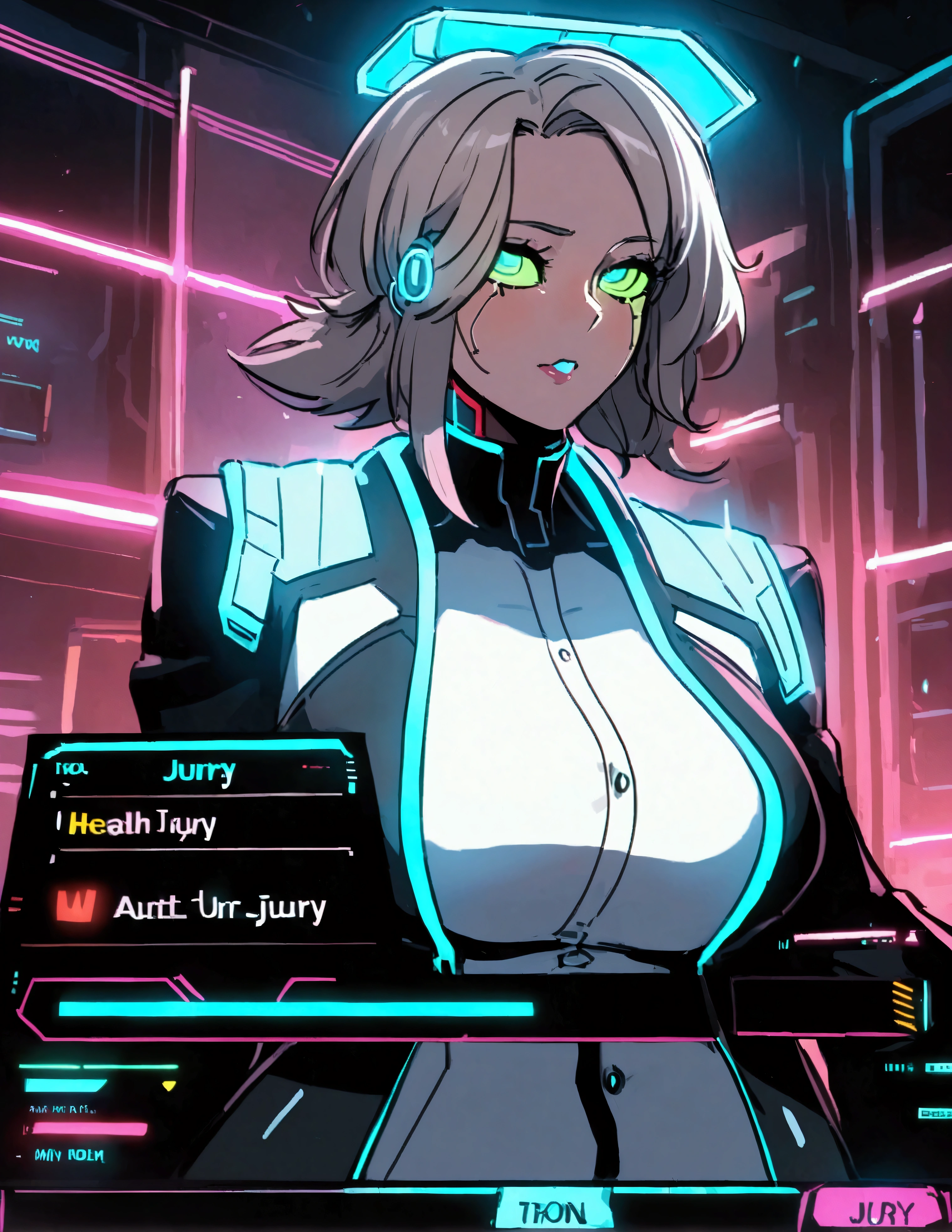 (cyberpunk, courthouse)A virtual lawyer (female, tron style lawyer outfit, health bar over head) is addressing a virtual jury. Health bar titled 'lawyer' over her head, show all of her
