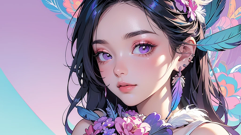 (ultra-Detailed Background, Detailed Background), Absurd, High resolution, Super detailed, Very detailedな, One girl, (bouquet:1.3), (Tangled:1.2), (Geometric:1.2),(colorful),(masterpiece, quality, best quality, Official Art, Beautiful and beautiful:1.2), (1 girl:1.3), Very detailed,(colorful:1.1)(Flowers:1.3),Most detailed,(Tangled:1.2), whole body, (Abstract background:1.3), (Skin glows), (Many colors:1.4), ,(Earrings Feather:1.5), Pale Purple Background,