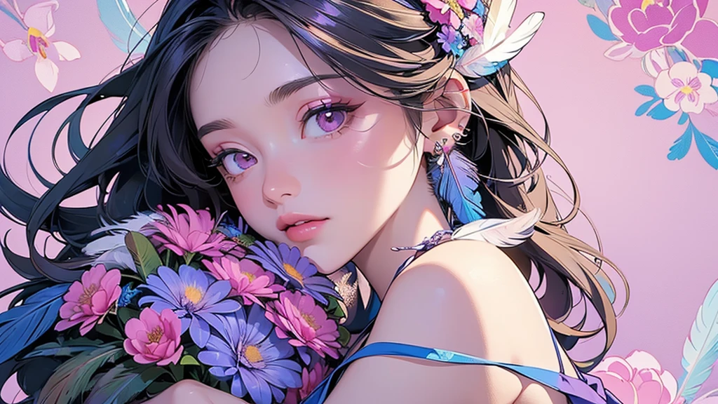 (ultra-Detailed Background, Detailed Background), Absurd, High resolution, Super detailed, Very detailedな, One girl, (bouquet:1.3), (Tangled:1.2), (Geometric:1.2),(colorful),(masterpiece, quality, best quality, Official Art, Beautiful and beautiful:1.2), (1 girl:1.3), Very detailed,(colorful:1.1)(Flowers:1.3),Most detailed,(Tangled:1.2), whole body, (Abstract background:1.3), (Skin glows), (Many colors:1.4), ,(Earrings Feather:1.5), Pale Purple Background,