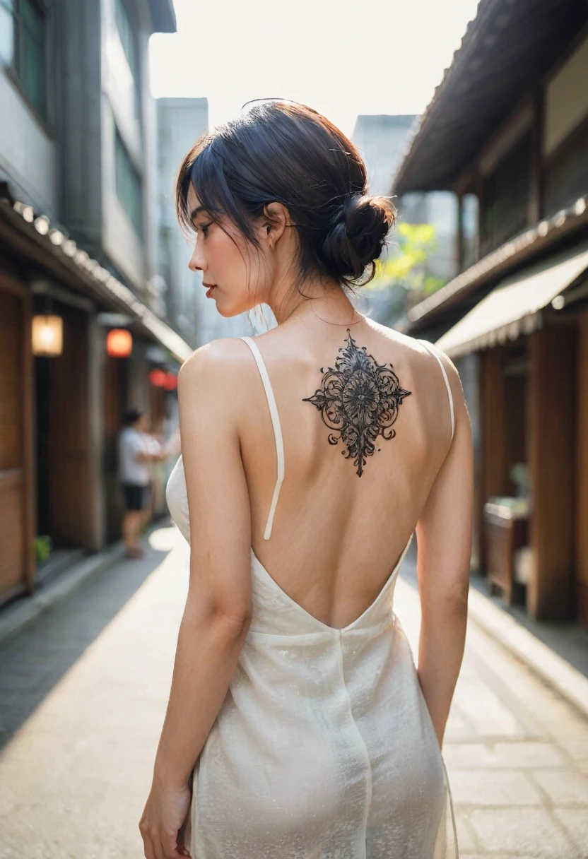 Woman with a tattoo on her back、Back view