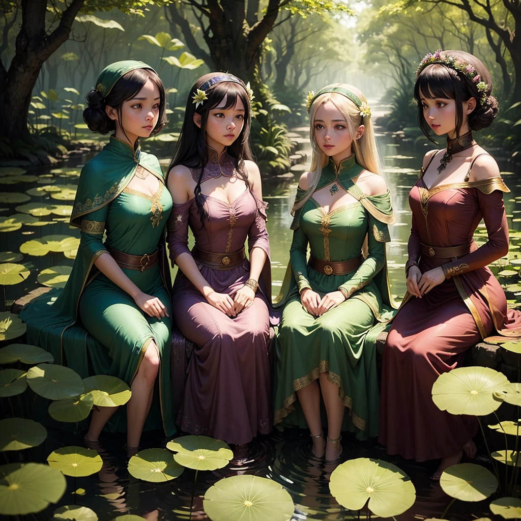 The four lotus sisters gazing at each other with a sense of adventure, making a decision to venture into the enchanted forest for exploration and discovery.