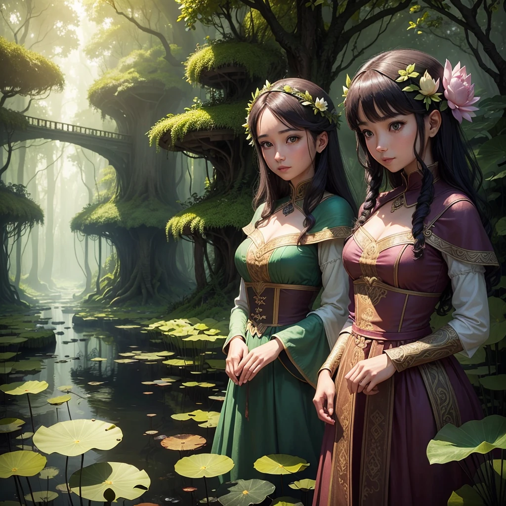 The four lotus sisters gazing at each other with a sense of adventure, making a decision to venture into the enchanted forest for exploration and discovery.