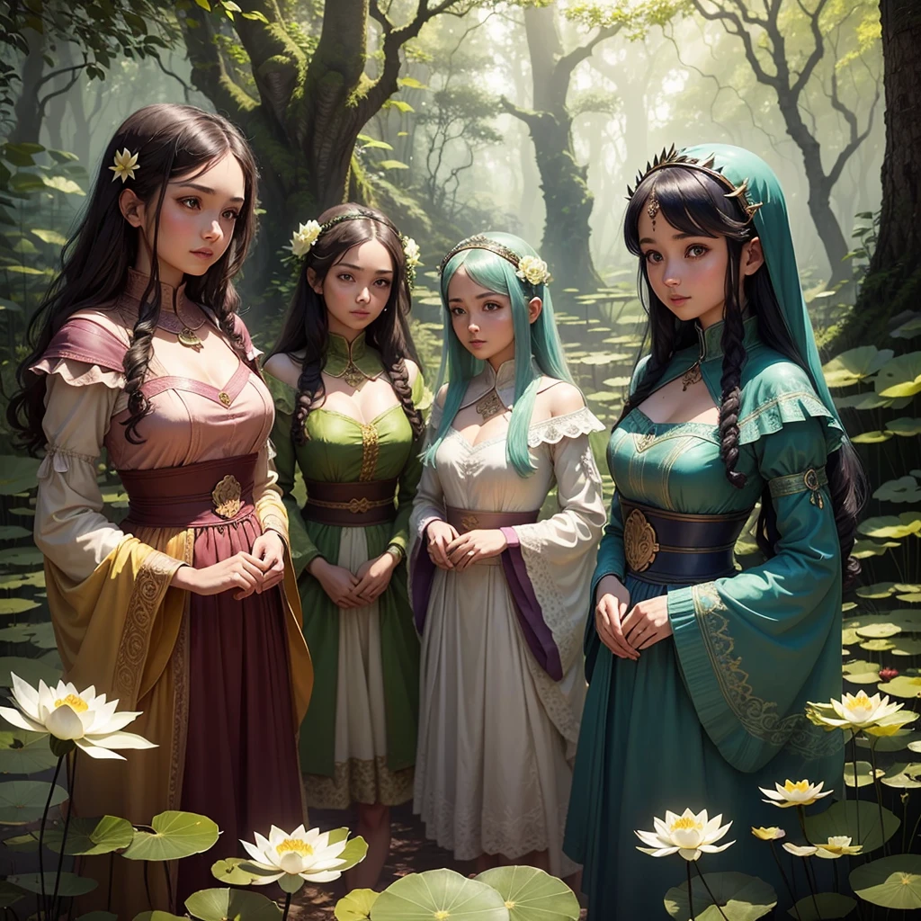 The four lotus sisters gazing at each other with a sense of adventure, making a decision to venture into the enchanted forest for exploration and discovery.