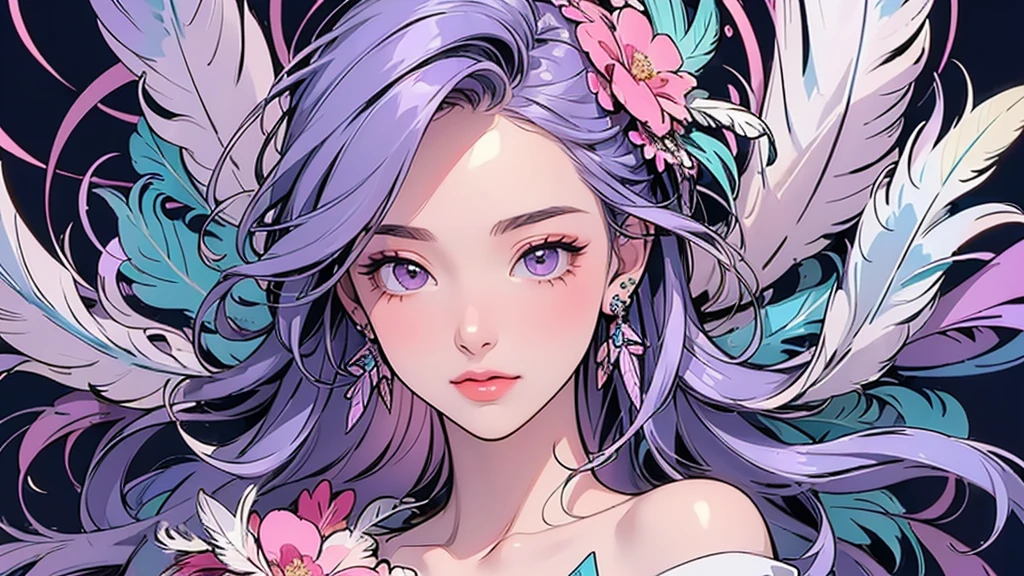(ultra-Detailed Background, Detailed Background), Absurd, High resolution, Super detailed, Very detailedな, One girl, (bouquet:1.3), (Tangled:1.2), (Geometric:1.2),(colorful),(masterpiece, quality, best quality, Official Art, Beautiful and beautiful:1.2), (1 girl:1.3), Very detailed,(colorful:1.1)(Flowers:1.3),Most detailed,(Tangled:1.2), whole body, (Abstract background:1.3), (Skin glows), (Many colors:1.4), ,(Earrings Feather:1.5), Pale Purple Background,