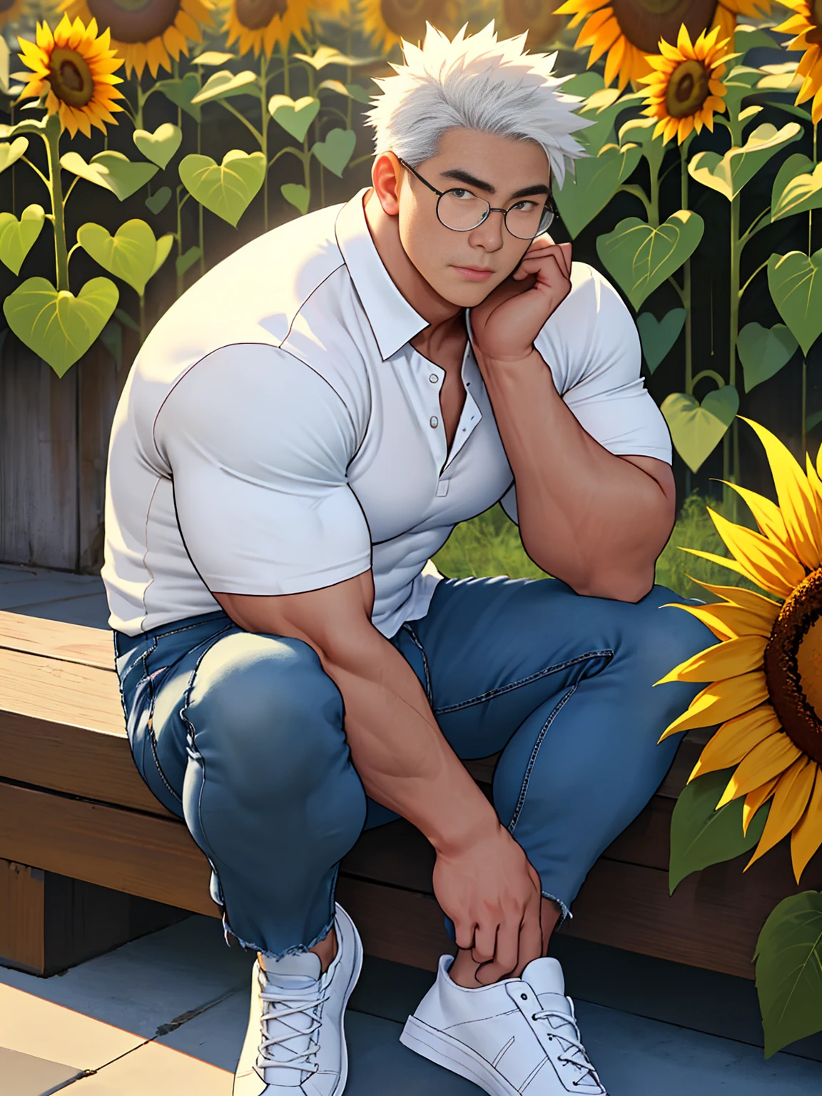 20 years old, round face, big eyes, Chinese male, white inch, huge muscles, exaggerated muscles, mature man, muscle swelling, bodybuilding, chest muscles, abs, lots of sunflowers, sitting position, wearing white shirt, open shirt, jeans, sneakers, natural light, wheat-colored skin, 1man, metal glasses