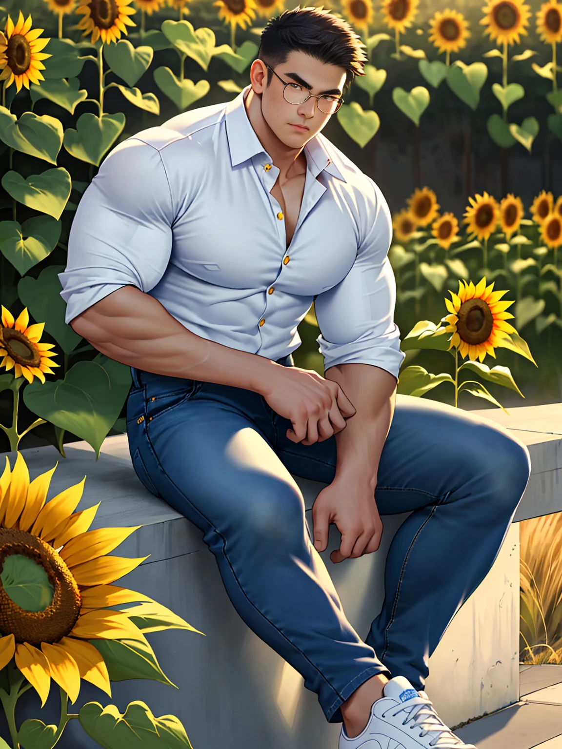 20 years old, round face, big eyes, Chinese male, white inch, huge muscles, exaggerated muscles, mature man, muscle swelling, bodybuilding, chest muscles, abs, lots of sunflowers, sitting position, wearing white shirt, open shirt, jeans, sneakers, natural light, wheat-colored skin, 1man, metal glasses